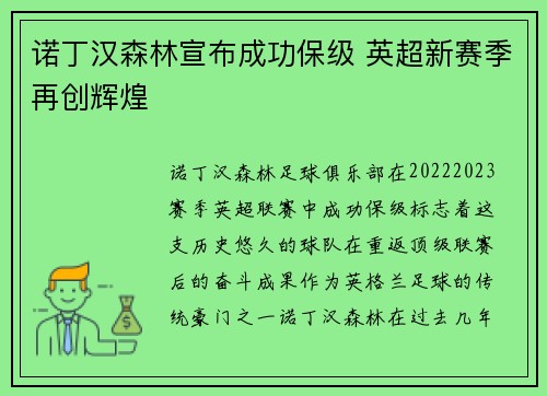 诺丁汉森林宣布成功保级 英超新赛季再创辉煌